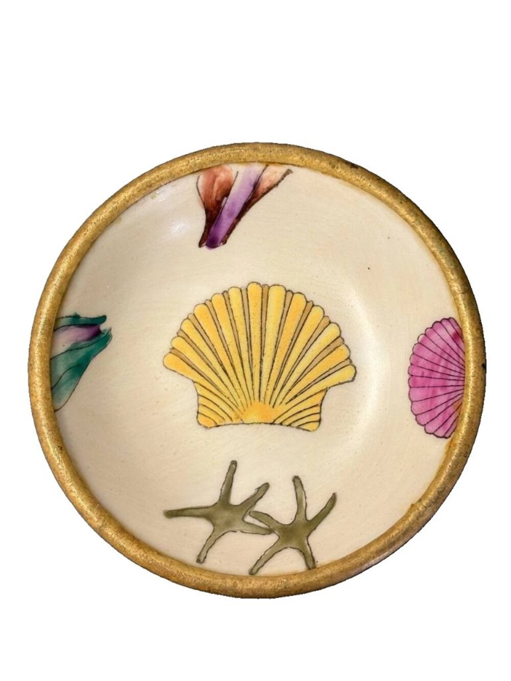 ACF Japanese Porcelain Ware Bowl Brass Encased Seashells 3.75in Vintage